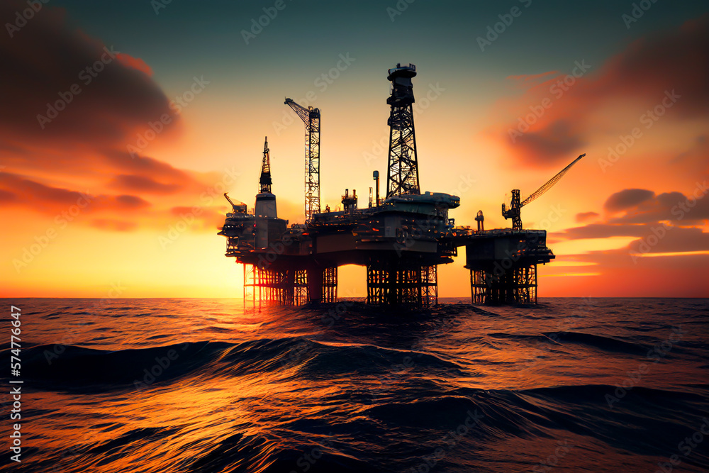 Offshore oil and gas. Oil rig in sea on sunset, Crude Oil production. Offshore drilling of extracting petroleum and natural gas from seabed. Mobile platform in ocean. Ai Generative illustration. Offshore oil and gas. Oil rig in sea on sunset, Crude Oil production. Offshore drilling of extracting petroleum and natural gas from seabed. Mobile platform in ocean. Ai Generative illustration.