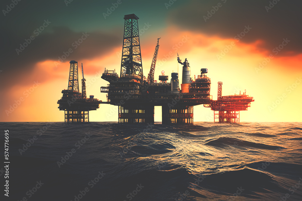Offshore oil and gas. Oil rig in sea on sunset, Crude Oil production. Offshore drilling of extracting petroleum and natural gas from seabed. Mobile platform in ocean. Ai Generative illustration.