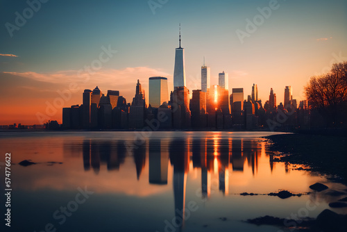 New York city skyscrapers. New York skyscraper at sunset. NYC Cityscape financial district. United States Manhattan Skyline, Ai Generative illustration. © MaxSafaniuk