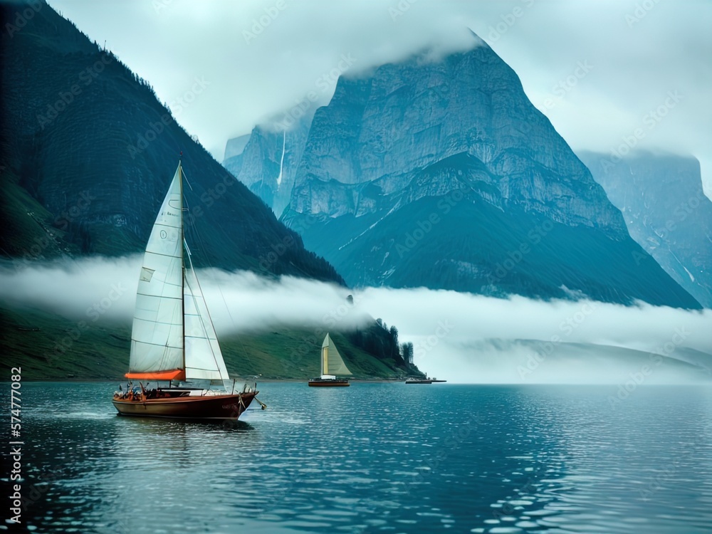 Naklejka premium Sailboat on a calm, foggy sea.