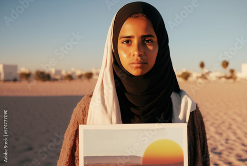 young woman shows something...