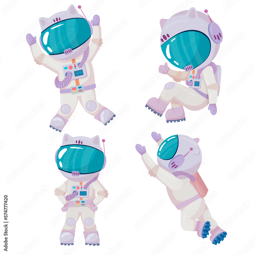 Cosmonaut in different poses. Astronaut in intergalactic space. galaxy. astronauts in space suits with helmets isolated on white background in cartoon style Cosmonaut in different poses. Astronaut in intergalactic space. galaxy. astronauts in space suits with helmets isolated on white background in cartoon style