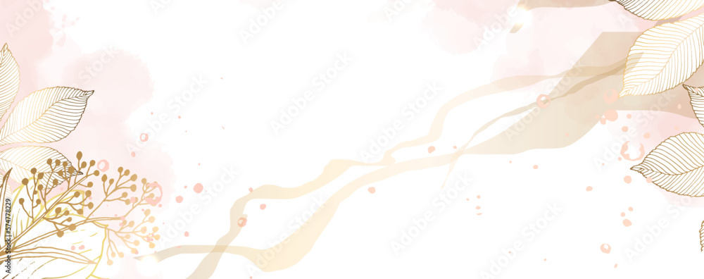Luxurious golden wallpaper. Banner with white background pink watercolor stains with chestnut leaves. Golden rose leaves wall art with shiny light texture.Vector illustration.