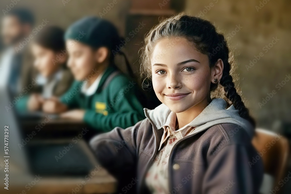 a little girl, school child in the classroom sits on a chair in front of a table with other students behind the child, fictional person and place. Generative AI a little girl, school child in the classroom sits on a chair in front of a table with other students behind the child, fictional person and place. Generative AI
