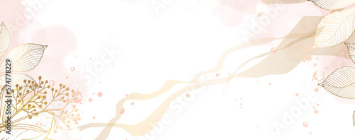 Luxurious golden wallpaper. Banner with white background pink watercolor stains with chestnut leaves. Golden rose leaves wall art with shiny light texture.Vector illustration.