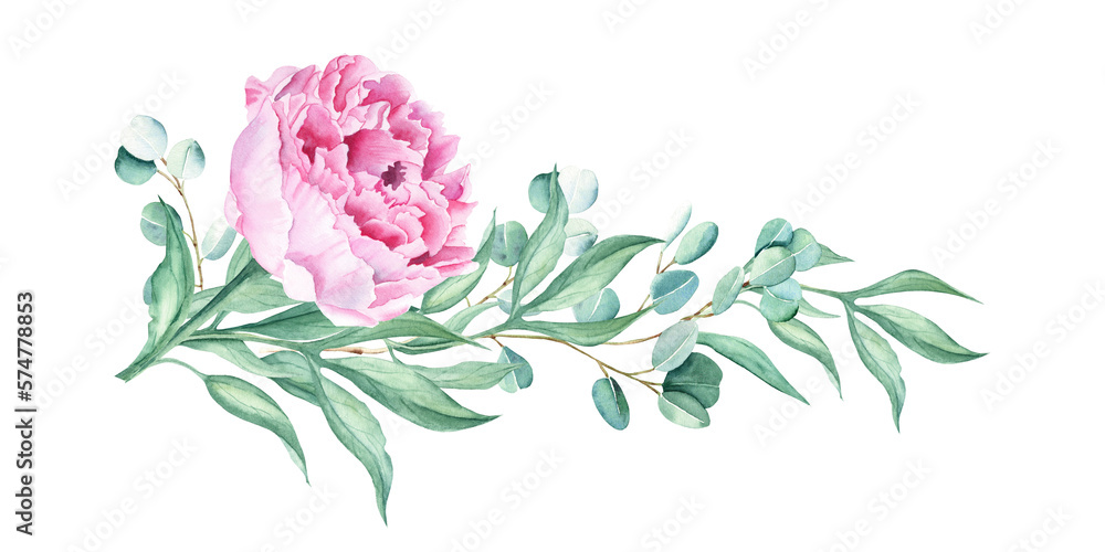 Watercolor pink peony and eucalyptus garland isolated on white background. Hand drawn botanical illustration. Can be used for wedding, birthday, save the date, greeting cards design.