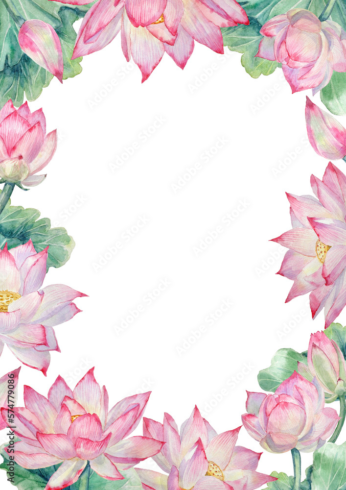 Watercolor frame with hand-painted elements of lotus flowers and lotus leaves on a transparent background.