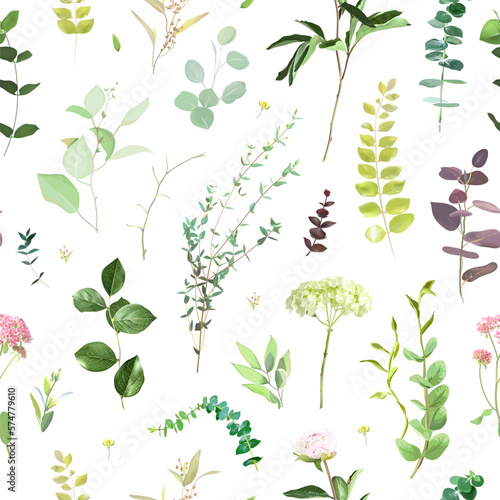 Summer garden greenery print with leaves and wildflowers. Hydrangea flower, peony, eucalyptus, herbs and plants