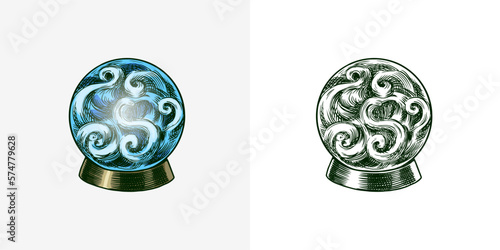 Bohemian esoteric magic ball sketch. Vintage engraving Mystical occult element in boho style. Doodle outline. Hand drawing. Vector illustration.