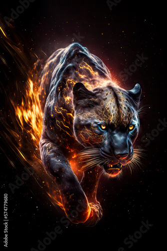 portrait of a panther glowing ,powerfull ,mystical ,wall art ,colourfull photo