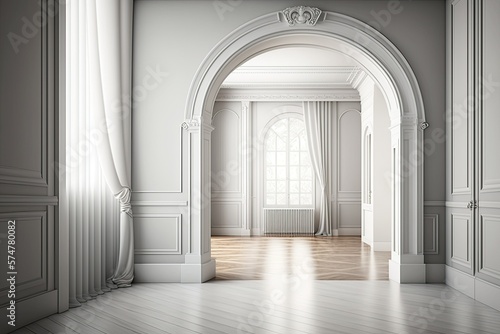 Empty room interior design in white and gray tones, classic open space with parquet wooden floor, molded walls, arched doors with curtains, neoclassic architecture concept idea, illustration photo