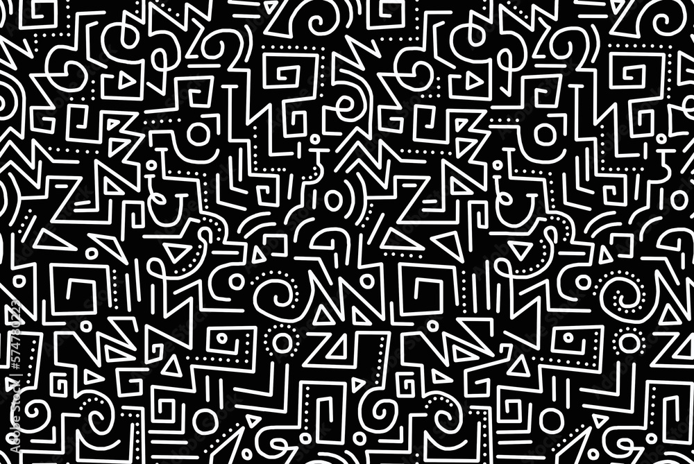 The drawing is hand-drawn with white geometric chaotic lines on a black background.Seamless pattern. The drawing is hand-drawn with white geometric chaotic lines on a black background.Seamless pattern.