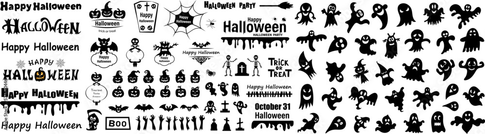 Halloween lettering quotes. Set of silhouettes of Halloween on a white background. Vector illustration