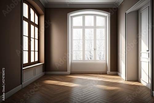 Brown walls  glossy parquet flooring  a large full-wall window  a white door  and a window across from it characterize this empty room. Interior Idea. Windows-based Work Path drawing. 7680x4320 in 8K