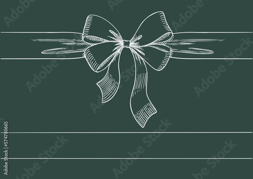 Vintage style decorated long white line bow and ribbon. Hand drawn vintage line art vector illustration.