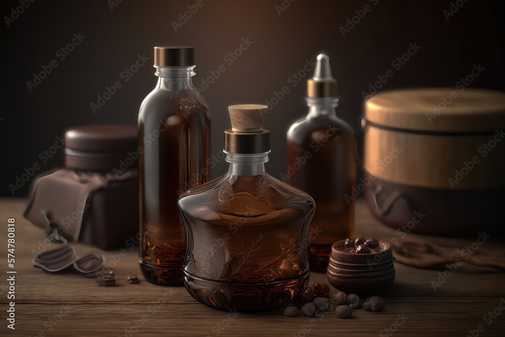Glass brown bottles with organic cosmetics on wooden table mockup. AI generation Glass brown bottles with organic cosmetics on wooden table mockup. AI generation