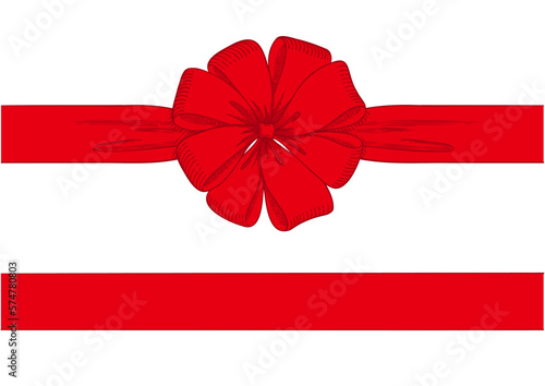 Vintage style decorated long red bow and ribbon. Hand drawn vintage line art vector illustration.