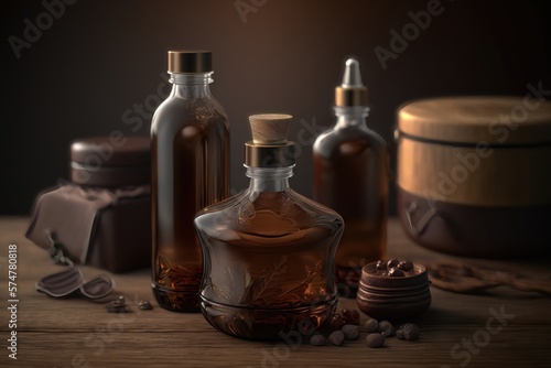 Glass brown bottles with organic cosmetics on wooden table mockup. AI generation