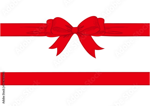 Vintage style decorated long red bow and ribbon. Hand drawn vintage line art vector illustration.