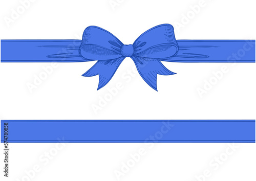 Vintage style decorated long blue bow and ribbon. Hand drawn vintage line art vector illustration.