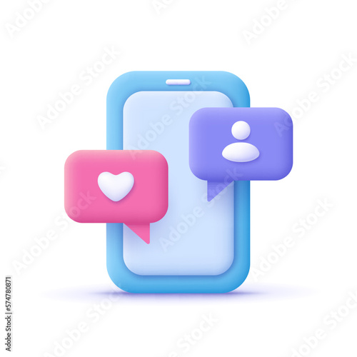 Smartphone and speech bubble with like heart and user follower icon. Social media, marketing and network concept. 3d vector icon. Cartoon minimal style.