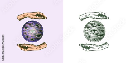 Bohemian magic ball with eyes sketch. Fortune Hands. Vintage engraving Mystical esoteric occult element in boho style. Doodle outline. Hand drawing. Vector illustration.