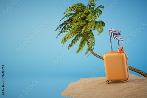 the concept of recreation. an island with sand, palm trees, luggage against the background of the blue sea. 3D render