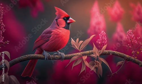 Fotografering Detailed realistic illustration of beautiful male red cardinal in garden