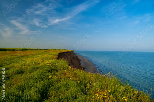 Green cliff on the seashore. Field and blue sea. Wild shores. Odessa region
