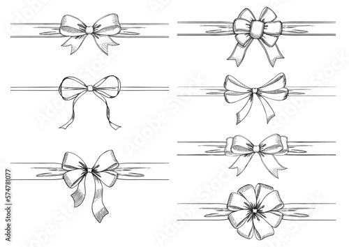 Set of long  bow and ribbon. Hand drawn vintage line art. Ink sketched vector illustration.