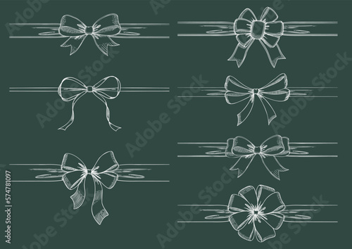 Vintage style decorated long white line bow and ribbon. Hand drawn vintage line art vector illustration.