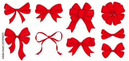 Vintage style decorated long red bow and ribbon. Hand drawn vintage line art vector illustration.