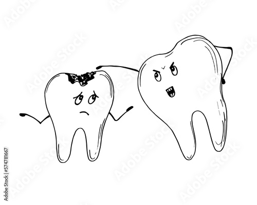 Sketch hand draw  illustration of teeth caries.Cute toothy characters. . Vector illustration of a dental character. Oral hygiene.Vector illustration