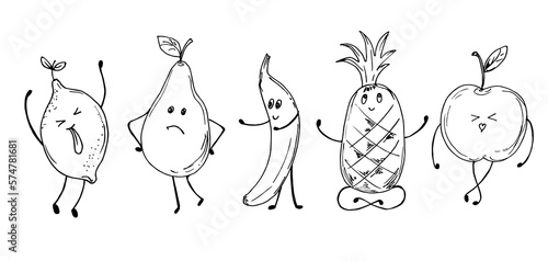 Freehand fruit character sketch lemon, pear, banana, pineapple ,apple.Vector illustration 