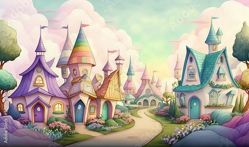  a cartoon scene of a fairy land with a castle and a road leading to it with a lot of trees and flowers on the side of the road.  generative ai