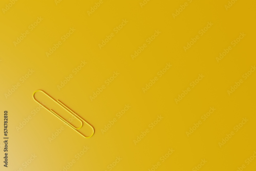 Yellow paper clip on a yellow background. Concept of office work, creativity. 3d render, 3d Yellow paper clip on a yellow background. Concept of office work, creativity. 3d render, 3d