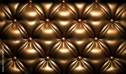  a gold leather upholstered wallpaper with a diamond pattern and gold pearls on the center of the paneled wall and a black background.  generative ai
