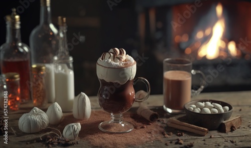  a hot chocolate drink with marshmallows and cinnamon on a table next to a fire place and bottles of alcohol and a bowl of marshmallows.  generative ai