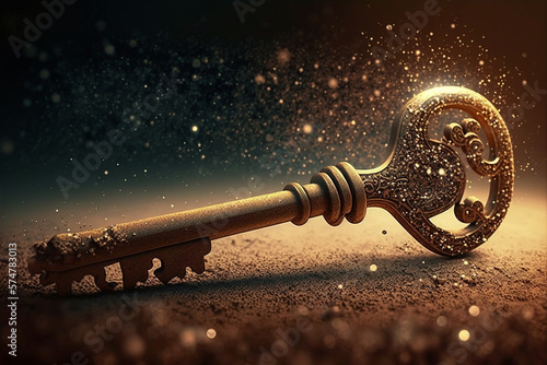 Golden key with sparkles on a dark background with glitter top view. Generative AI