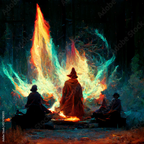 mages around a tall magic colored bonfire