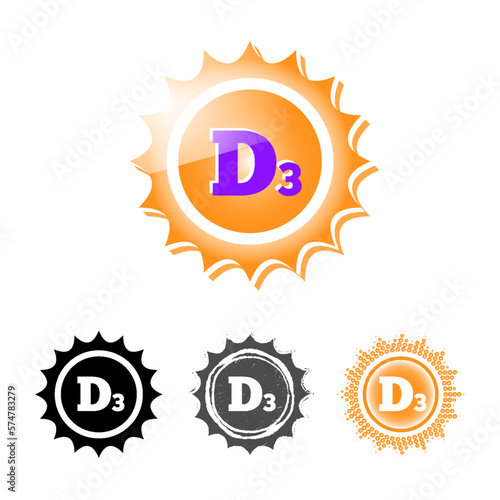 Icon of vitamin D3 in the form of a sun, different styles, medical vector illustration