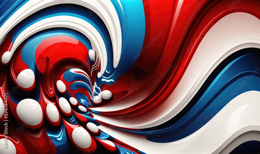 a red, white and blue abstract background with white and blue swirls