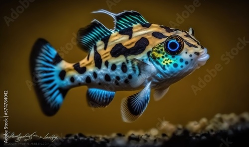  a blue and yellow fish with black spots on it's body and a black and white stripe on its body and a brown background.  generative ai © Nadia