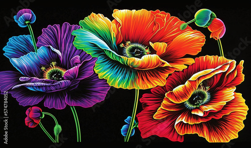  a painting of three colorful flowers on a black background with a black background and a black background with a black background and a black background with white border.  generative ai
