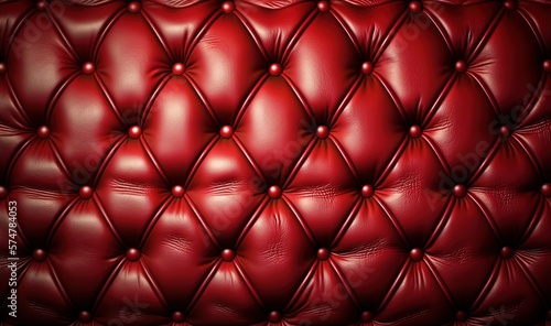  a red leather upholstered wall with rivets and rivets on the back of it  with a black background that is very dark.  generative ai