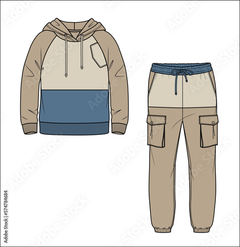 Vector man color block sweatshirt with side pockets fashion CAD, long sleeved hooded sweatshirt technical drawing, template, sketch, flat. Fleece or woven fabric sweatshirt and cargo sweatpants
