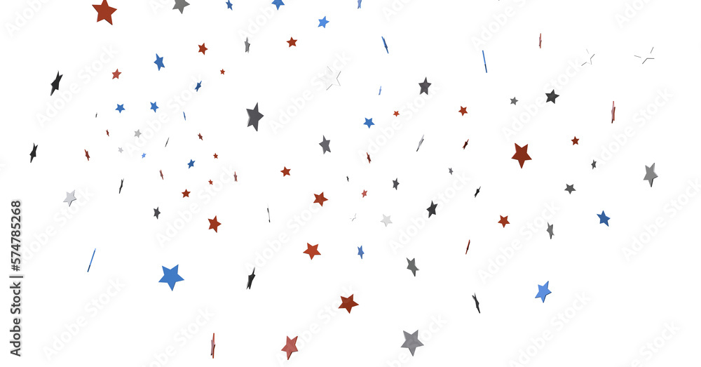 Red white blue shiny confetti stars on white background, isolate, tricolor concept, Red white blue shiny confetti stars on white background, isolate, tricolor concept,