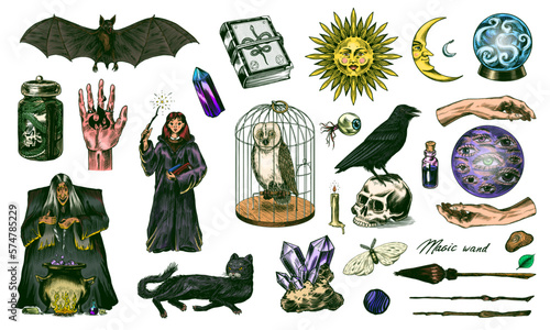 Witch brews a potion in a cauldron. Magic ball, book of spells, black cat, beldam and sorcery, Crow on skull. Sun and a Crescent moon with face. Halloween elements. Hand drawn engraved vintage sketch