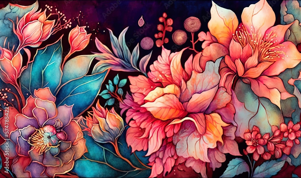 a painting of flowers and leaves on a black background with a red border around the edges of the image and a blue border around the edges of the image. generative ai a painting of flowers and leaves on a black background with a red border around the edges of the image and a blue border around the edges of the image. generative ai