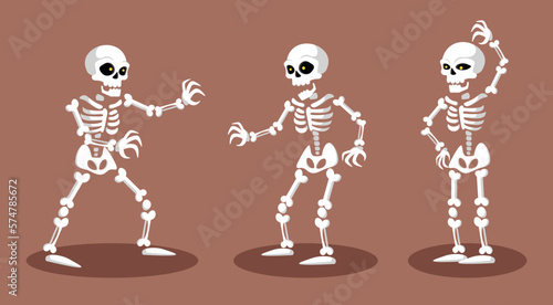 Vector illustration of cute skeletons on a brown background. Charming characters in different poses with skulls and bones walk, sing, and stand in cartoon style. Skeleton characters for Halloween.